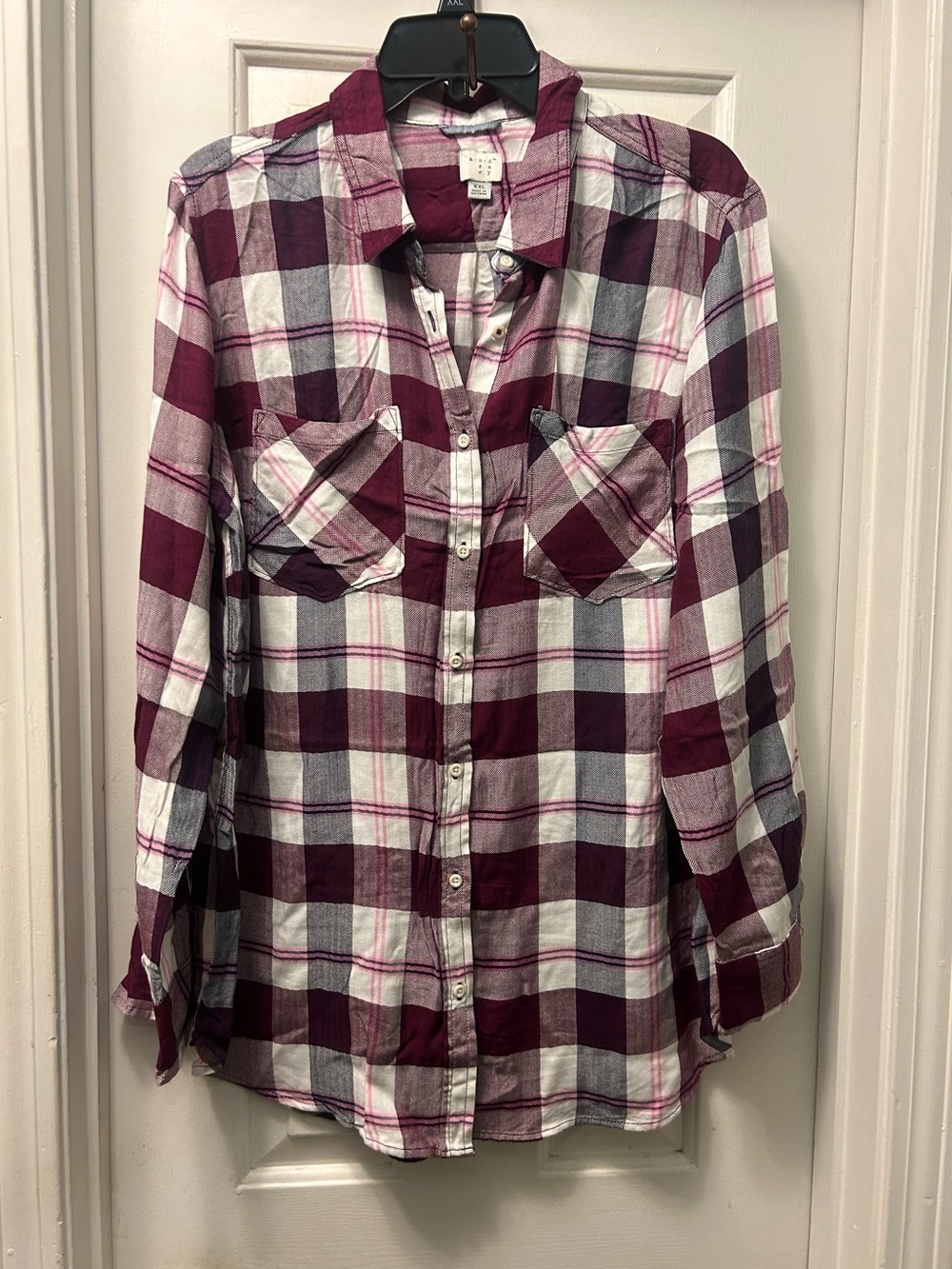 a new day Women's Burgundy White Plaid Button-Down Shirt